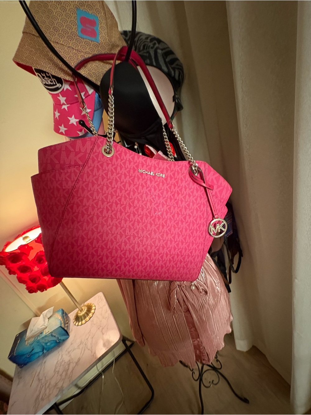 Michael Kors Hot Pink Logo Tote with Chain-Strap - Picture 5 of 5